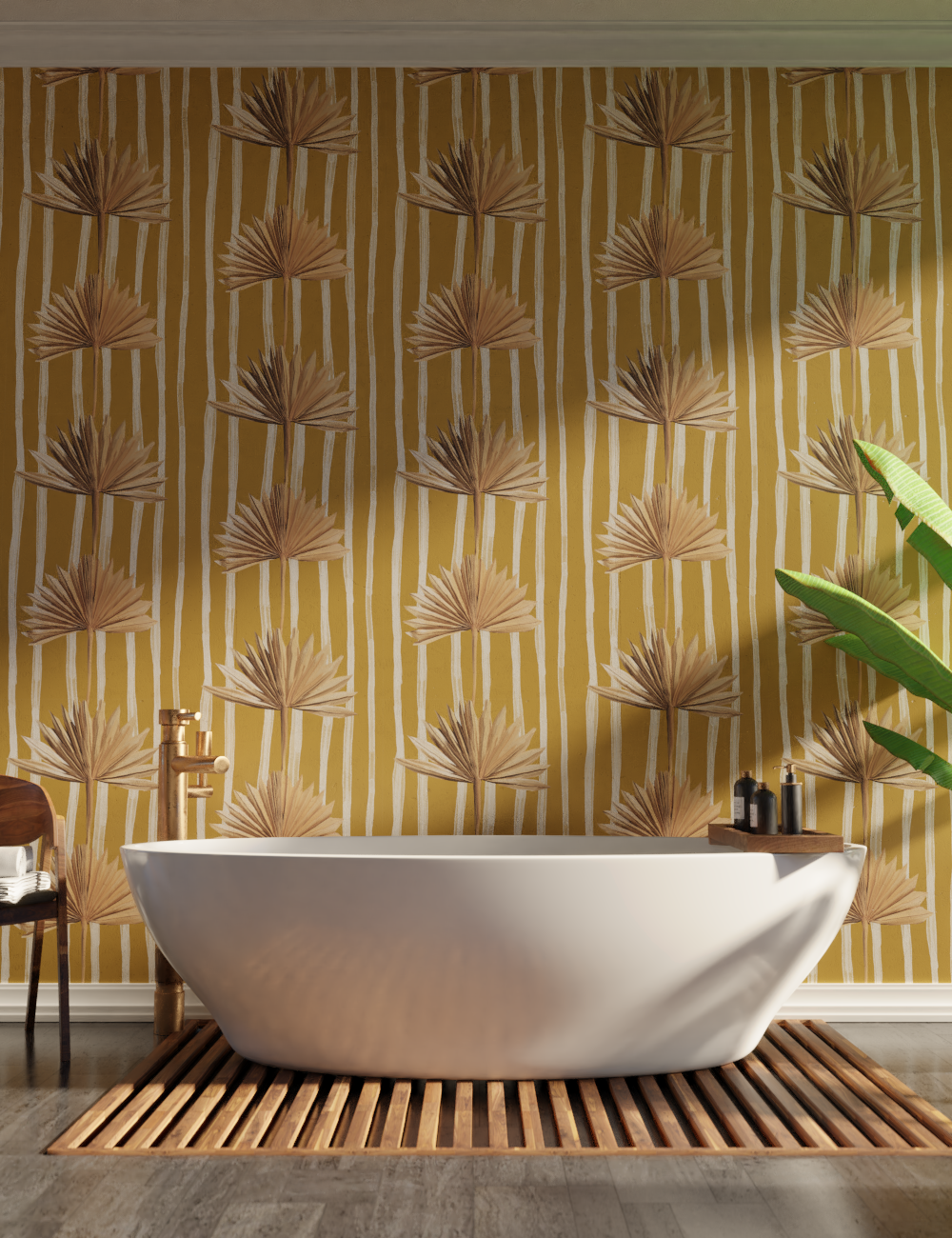 Stripey Palm Wallpaper Mustard with palm motif and vertical stripes for tropical decor on Tampa Home & Garden Store