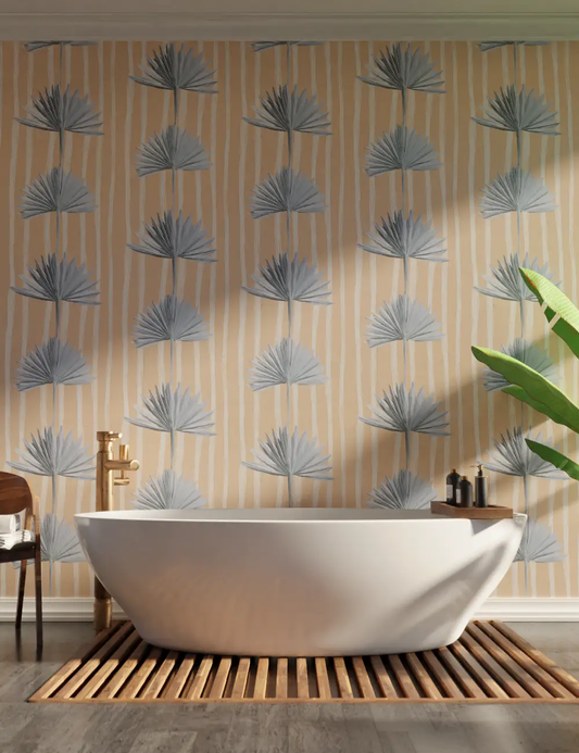 Wallpaper Stripey Palm in Peach and Blue featuring vertical beige stripes with blue palm fronds on Tampa Home & Garden Store