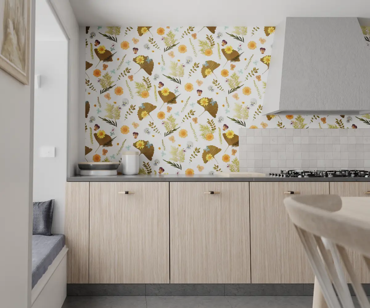 Wallpaper Pressed Fresh Version Merigold and Teal floral wallcovering in kitchen on Tampa Home & Garden Store