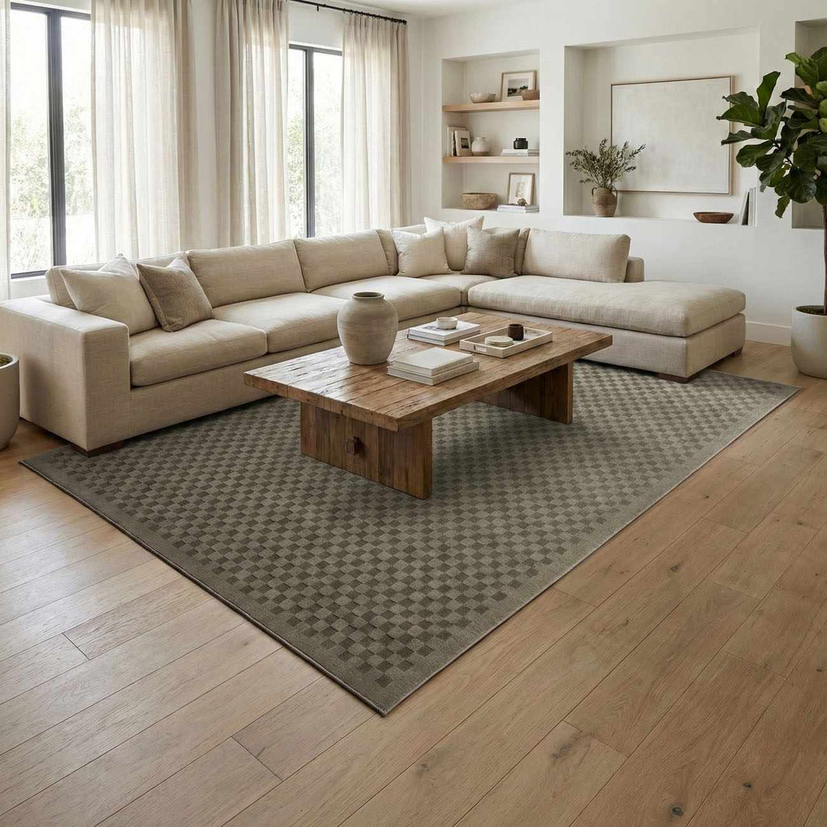 Gaiwan olive green washable area rug with gray geometric pattern Boutique Rugs on Tampa Home & Garden Store
