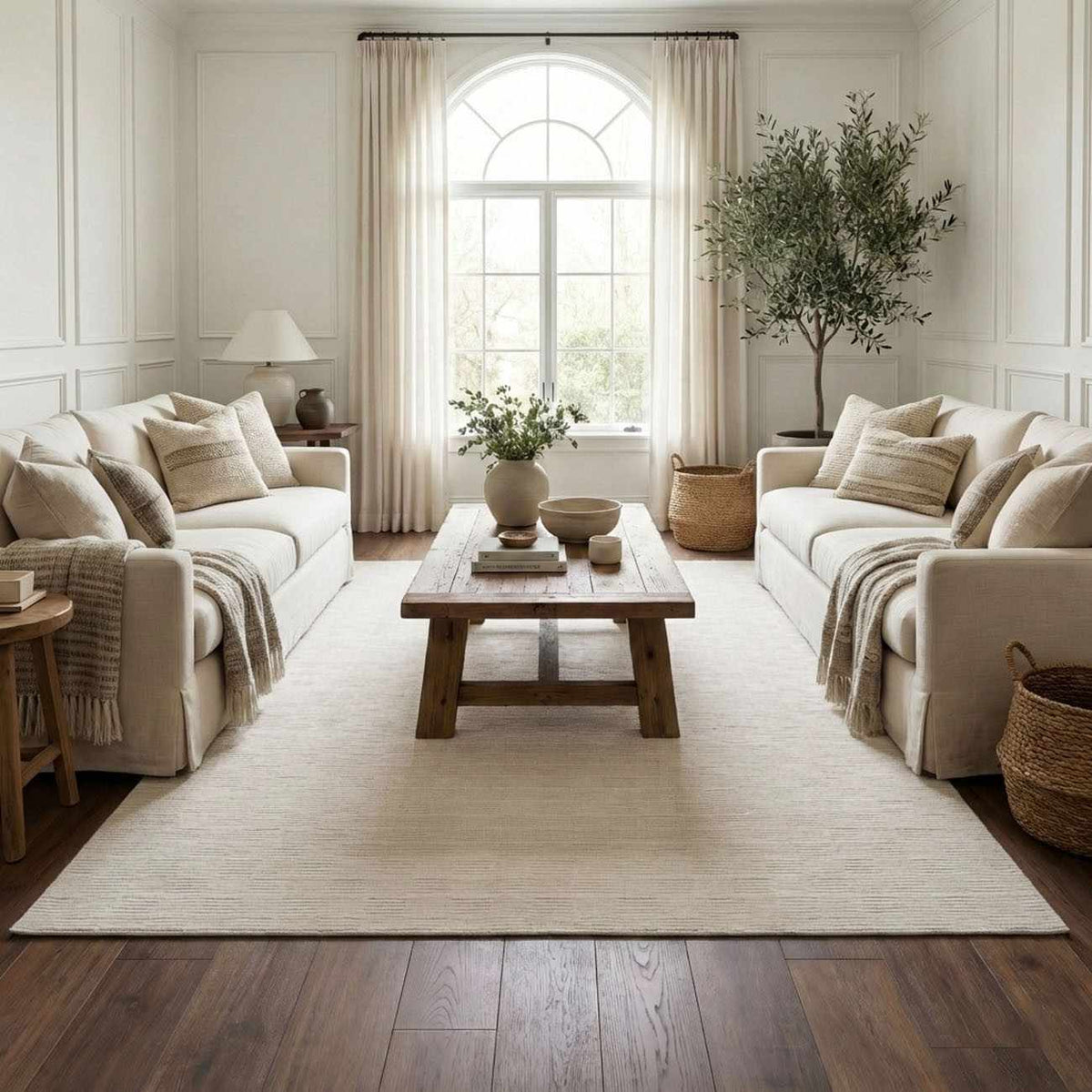 Kazuma Cream Checkered Washable Area Rug Boutique Rugs cream tone under rustic wood coffee table on Tampa Home & Garden Store