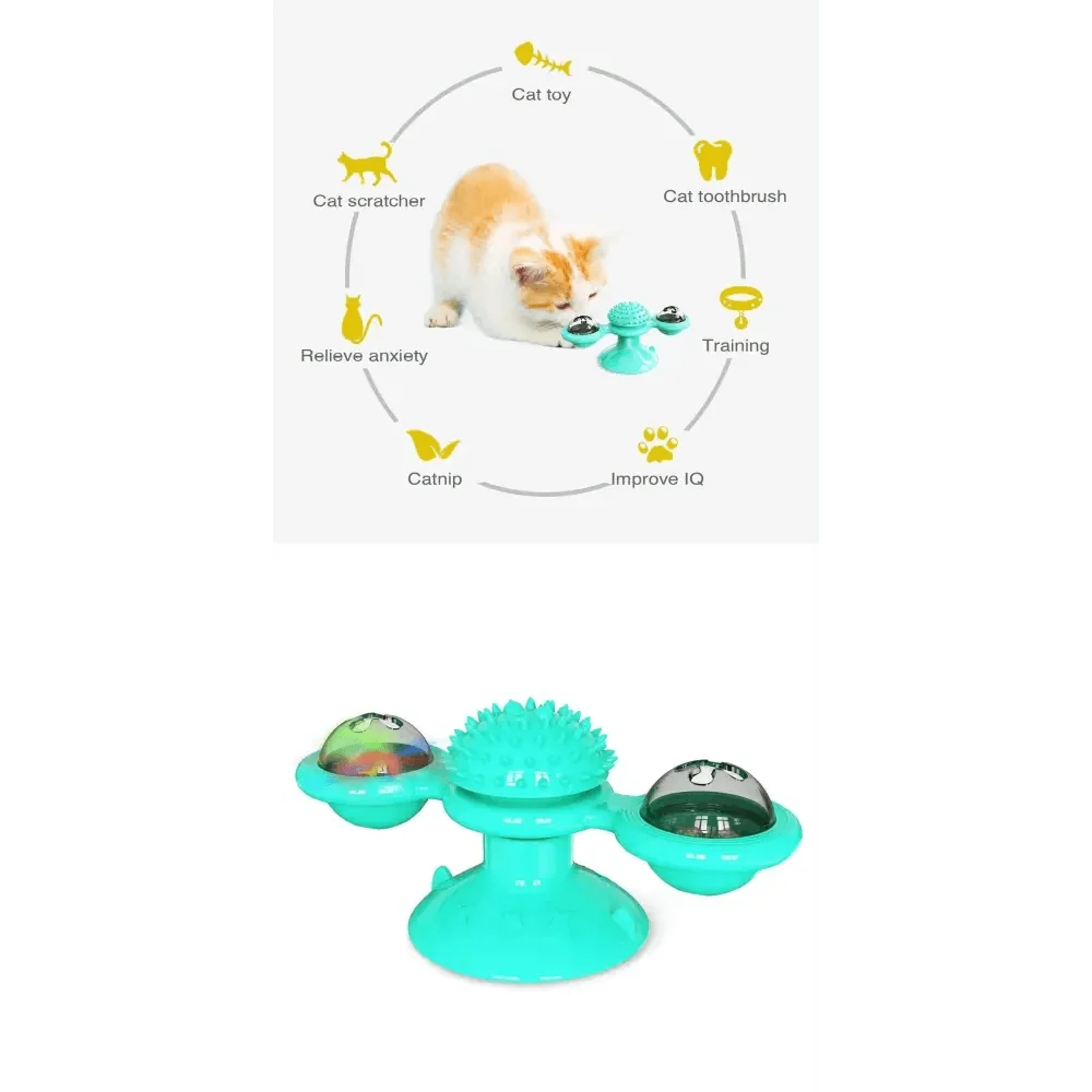 Stevvex interactive cat toy rotatable windmill LED ball teeth cleaning turquoise turntable on Tampa Home & Garden Store