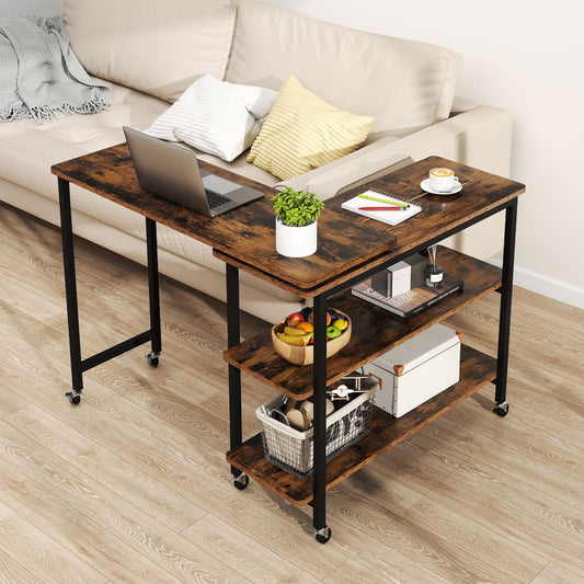 360° Rotating Sofa Side Table with Storage Shelves and Wheels-Rustic Brown - Tampa Home & Garden Store