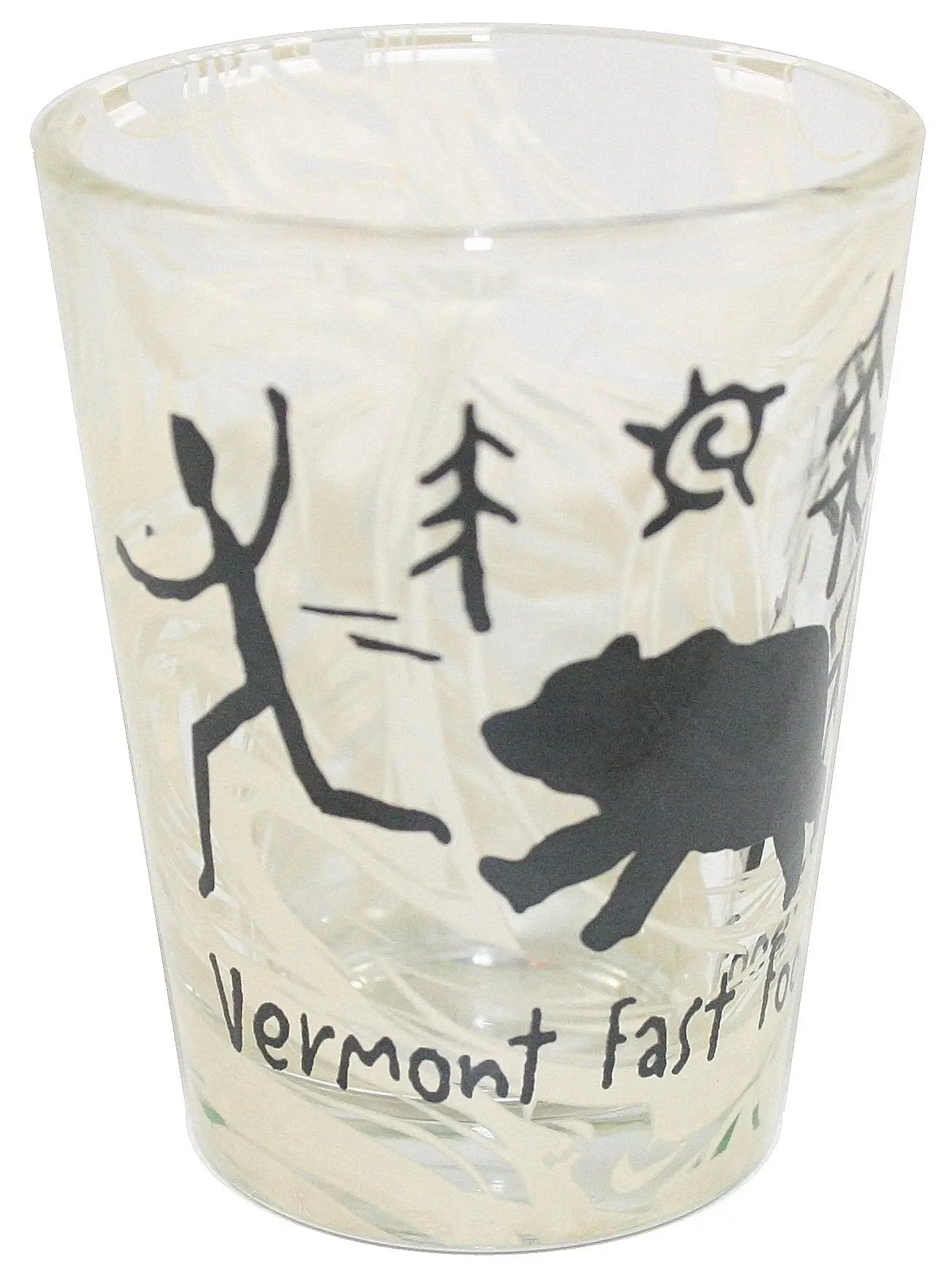 Shot glass with Vermont bear silhouette and trees, clear glass with black artwork, 2.25 in tall on Tampa Home & Garden Store