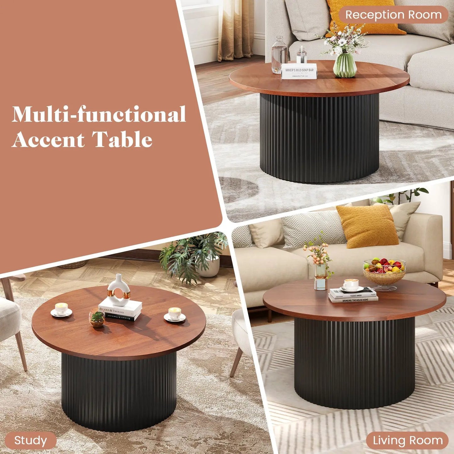 Round walnut coffee table with solid wood frame and ribbed black base on Tampa Home & Garden Store