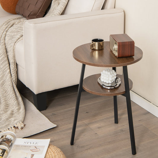 2-Tier Round End Table Set of 2 with Open Shelf and Triangular Metal Frame-Walnut - Tampa Home & Garden Store