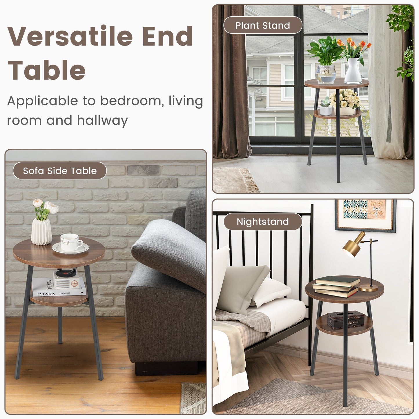 2-Tier Round End Table Set of 2 with Open Shelf and Triangular Metal Frame-Walnut