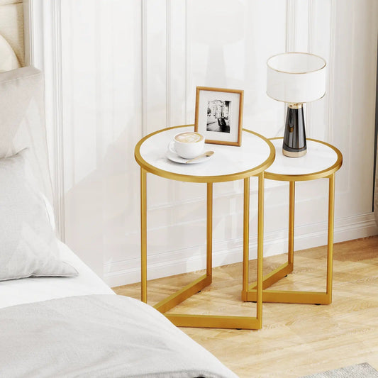 Round Nesting Table Set of 2 with Marble-like Tabletop-White - Tampa Home & Garden Store