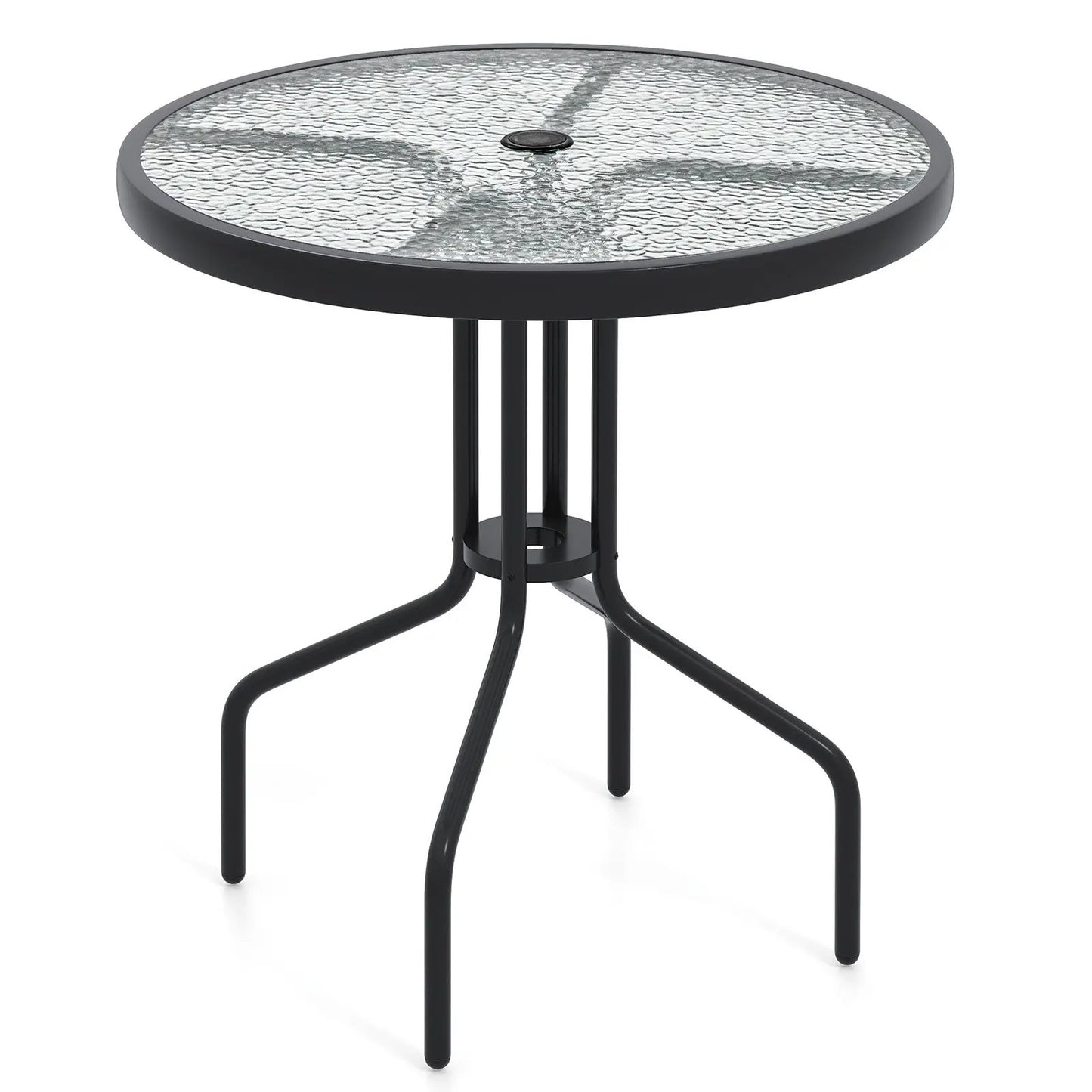 Round patio dining table with rippled glass top and black metal base DirectDeals on Tampa Home & Garden Store
