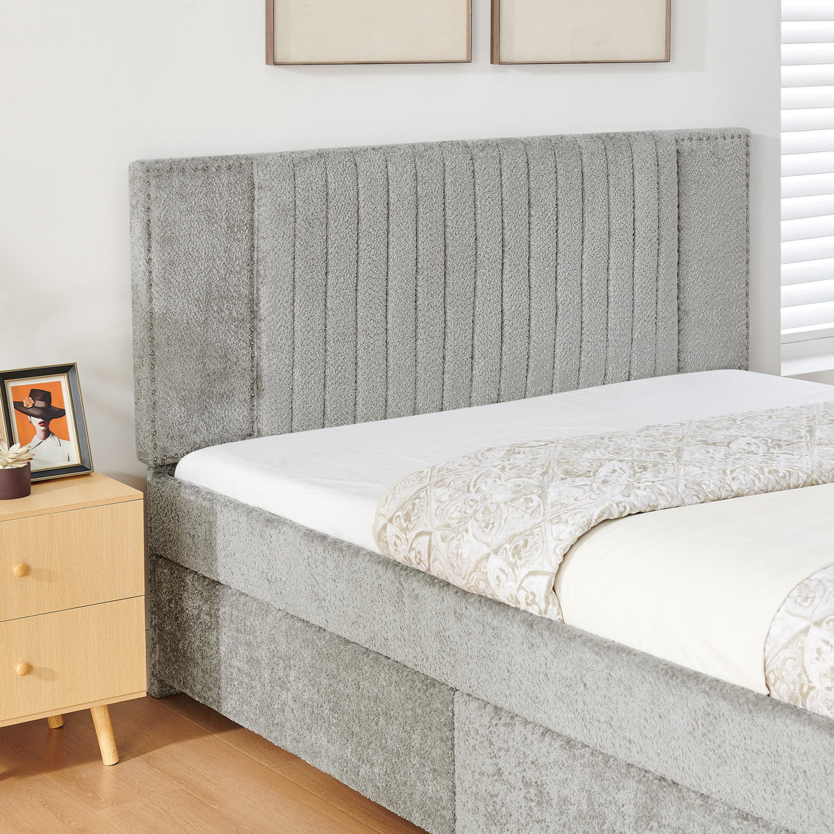 Queen size upholstered bed with vertical channel tufted headboard in gray chenille HouseOfZazla on Tampa Home & Garden Store
