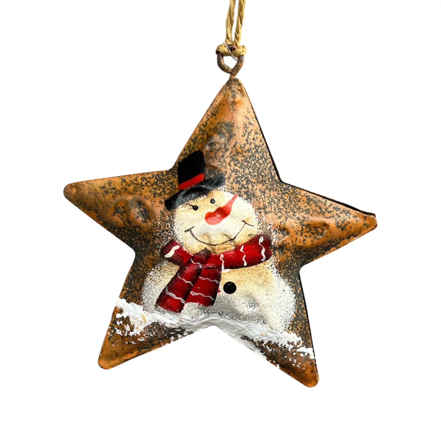 Rustic Snowman on Star Metal Ornament with Black Hat and Red Scarf on Tampa Home & Garden Store