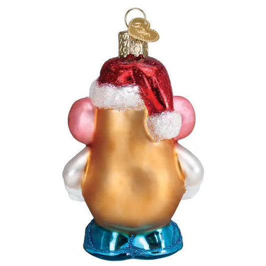 Mr Potato Head glass Christmas ornament with Santa hat, gold body, blue shoes on Tampa Home & Garden Store