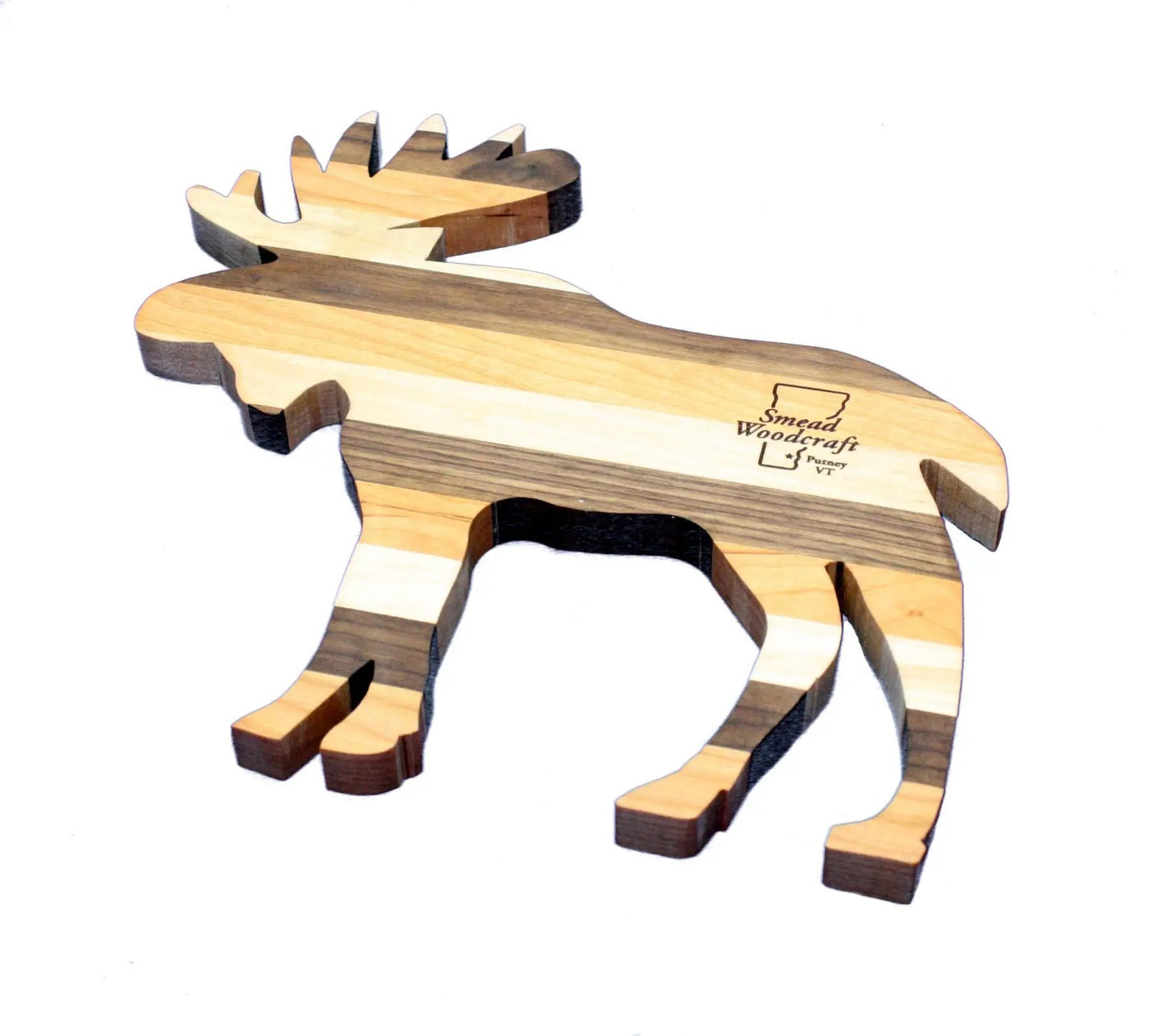 Tri-color Moose Cutting Board in maple, cherry, walnut wood tones by Smead Woodcraft Putney VT on Tampa Home & Garden Store