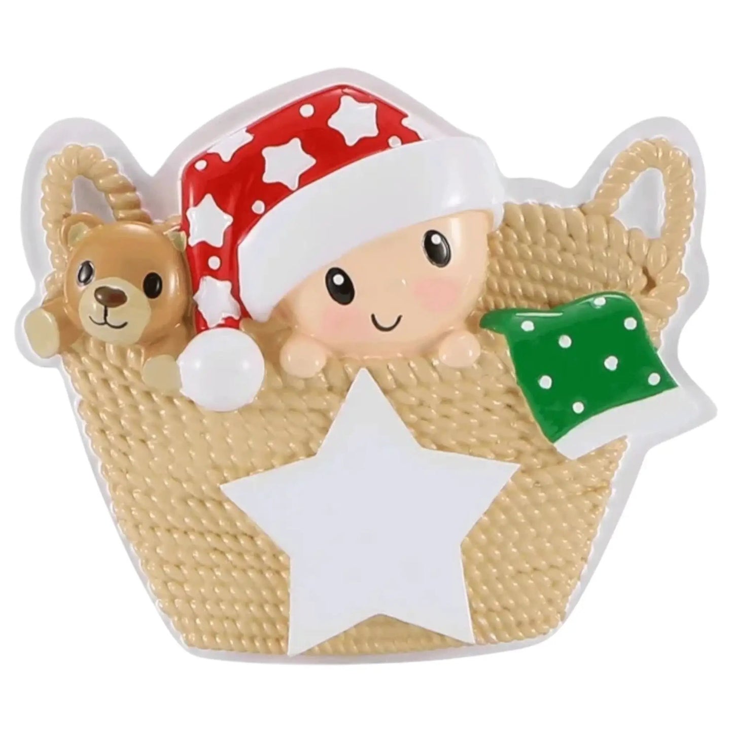 Baby in Basket Red and Green Ornament by The Country Christmas Loft, woven basket on Tampa Home & Garden Store