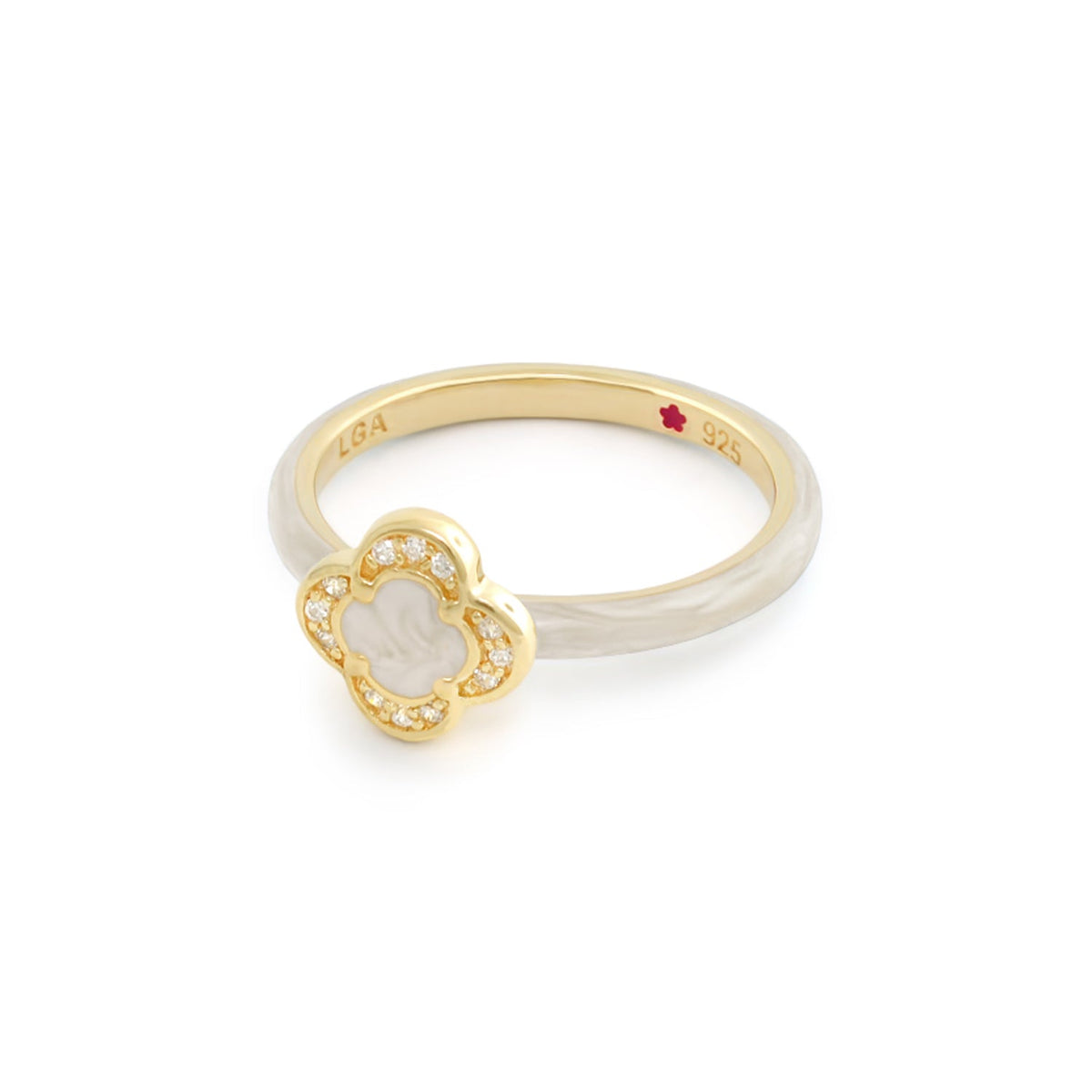Open Clover stackable ring by LGA gold band with mother-of-pearl clover and crystals on Tampa Home & Garden Store