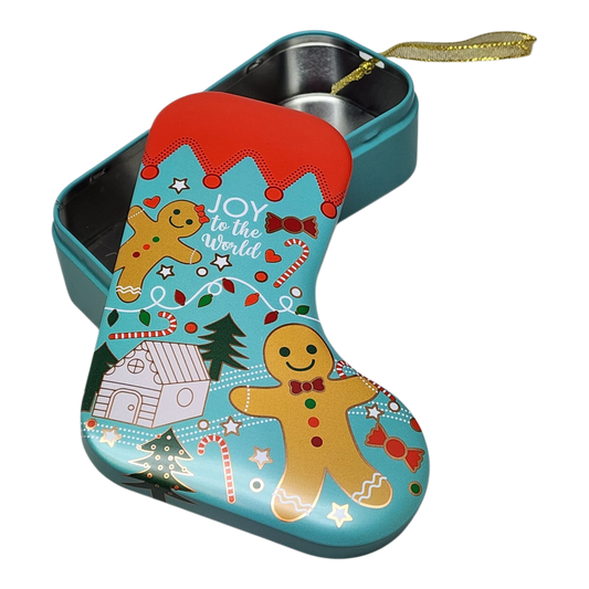 Gingerbread Joy Stocking Cookie Tin Ornament teal tin with red lid and gold hanging ribbon on Tampa Home & Garden Store
