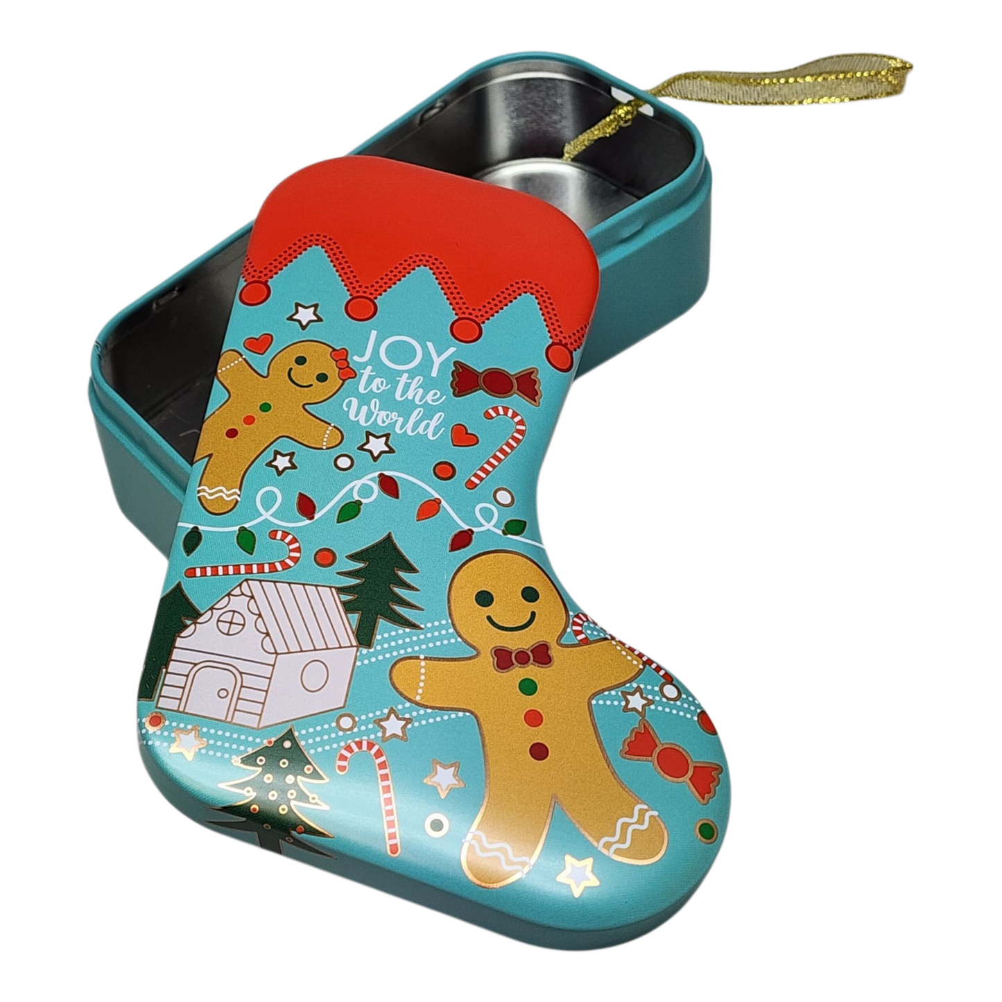 Gingerbread Joy Stocking Cookie Tin Ornament teal tin with red lid and gold hanging ribbon on Tampa Home & Garden Store