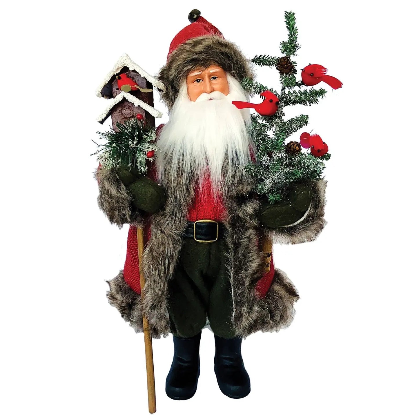 Claus and His Cardinals Figurine in Cozy Coat Santa with fur-red coat and cardinals 15in on Tampa Home & Garden Store