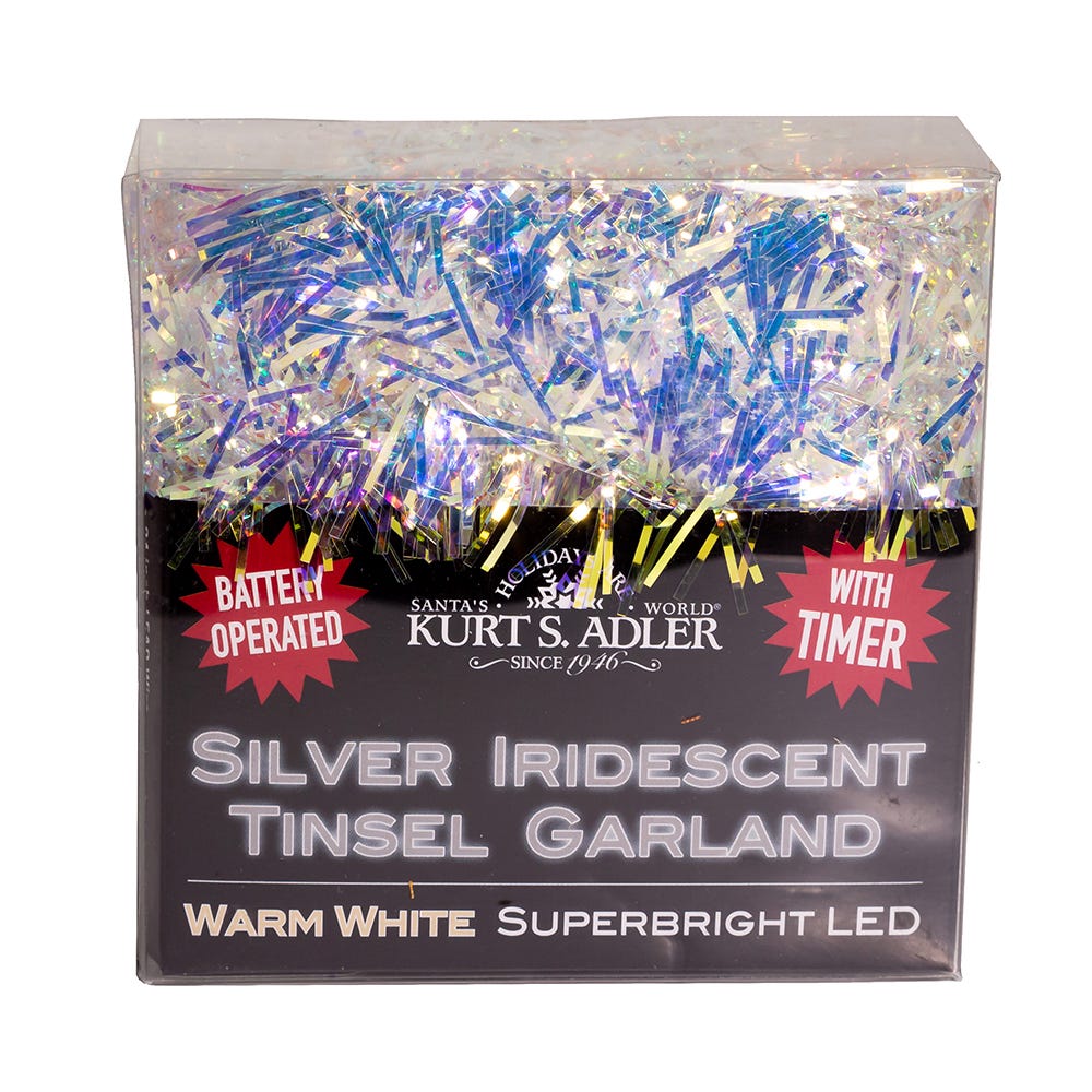 20-light battery-operated warm white LED tinsel garland, silver iridescent, Kurt S. Adler on Tampa Home & Garden Store