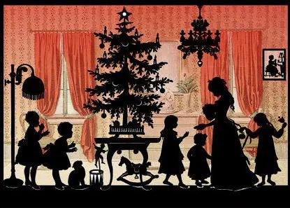 Miniature silhouette Advent calendar card red with black scene around a Christmas tree indoors on Tampa Home & Garden Store