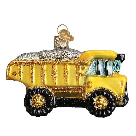 Toy Dump Truck Glass Ornament, yellow glitter finish with hanging loop on Tampa Home & Garden Store