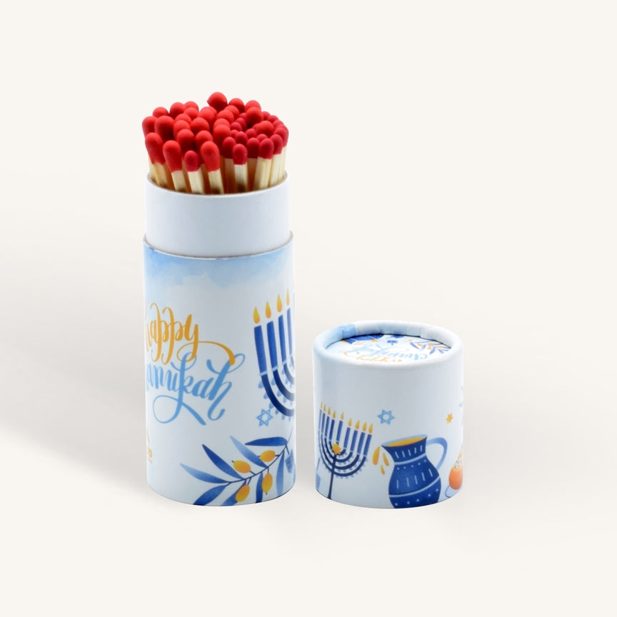 Extra long Chanukah matches 40 count in a light blue tin with menorah design on Tampa Home & Garden Store