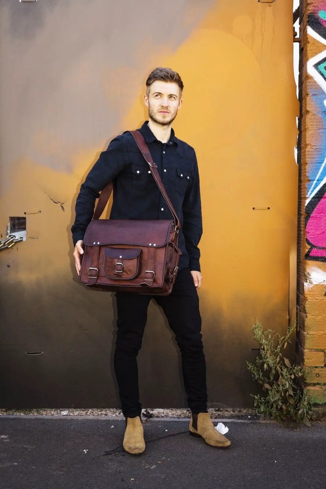 Rugged Leather Messenger Bag for Tablets brown leather with front pocket and crossbody strap on Tampa Home & Garden Store