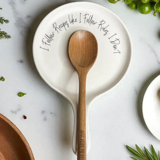 Recipes and Rules spoon rest white ceramic with black script rim on Tampa Home & Garden Store