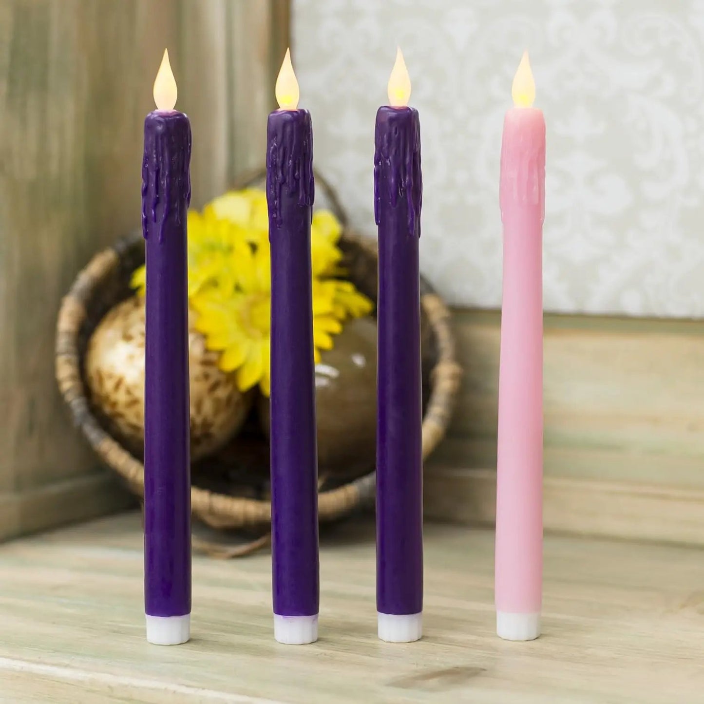 LED Advent candle set, four-piece, 10in flameless candles in purple and pink on Tampa Home & Garden Store
