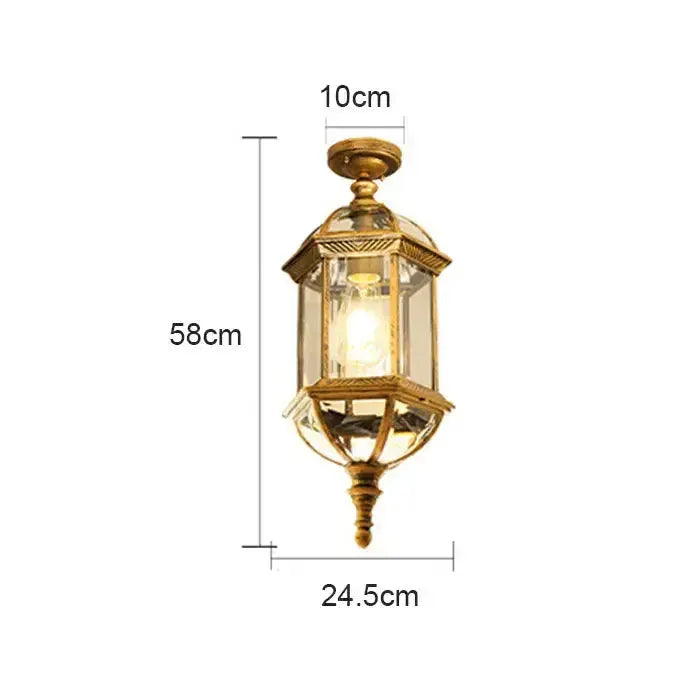Rustic black & brass outdoor hanging lantern light patio fixture with glass panels on Tampa Home & Garden Store