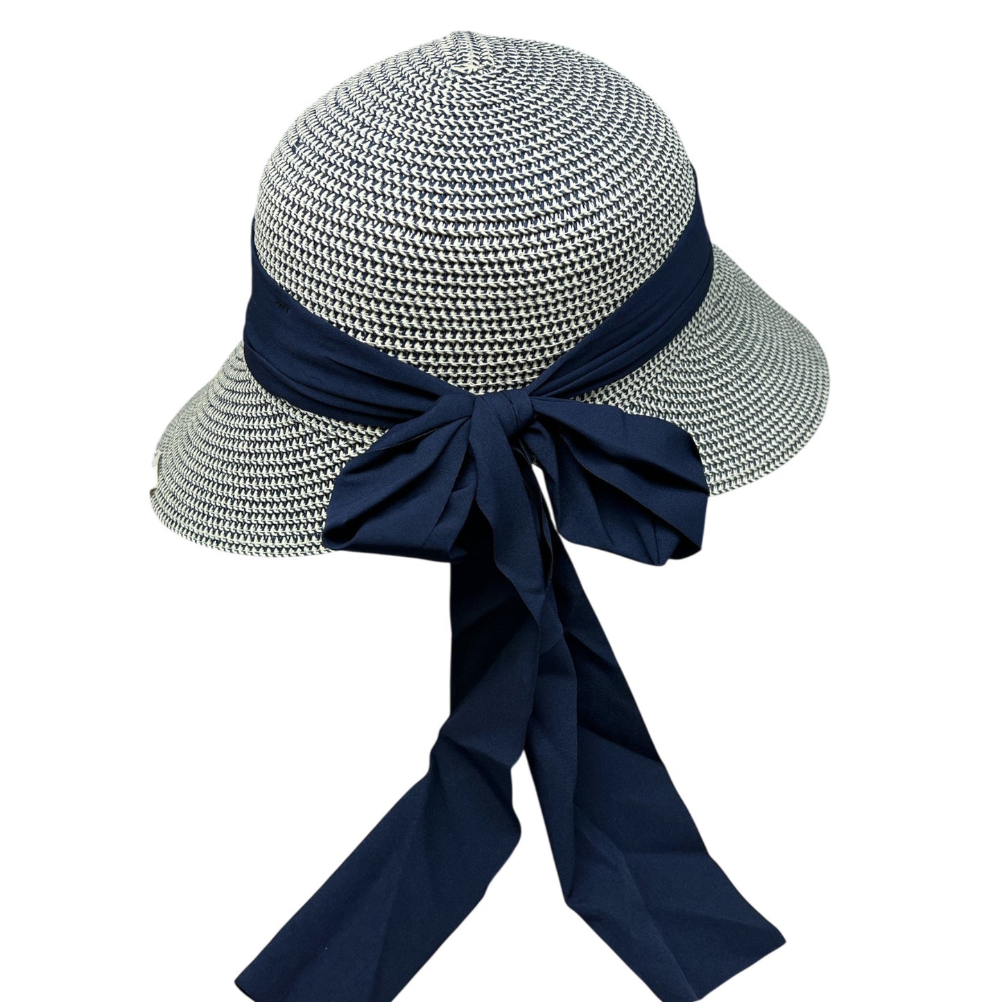 Grain straw dome sun hat with navy satin ribbon bow, blue and white weave on Tampa Home & Garden Store