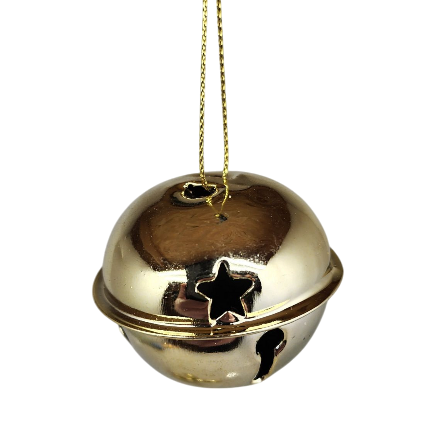 Jingle bell ornament 50mm gold ball with braided hanging cord close-up on Tampa Home & Garden Store