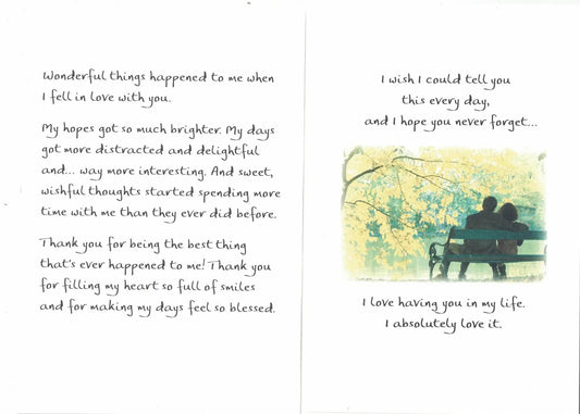 I Love You More than Words Can Say Greeting Card, white card with script and bench on Tampa Home & Garden Store
