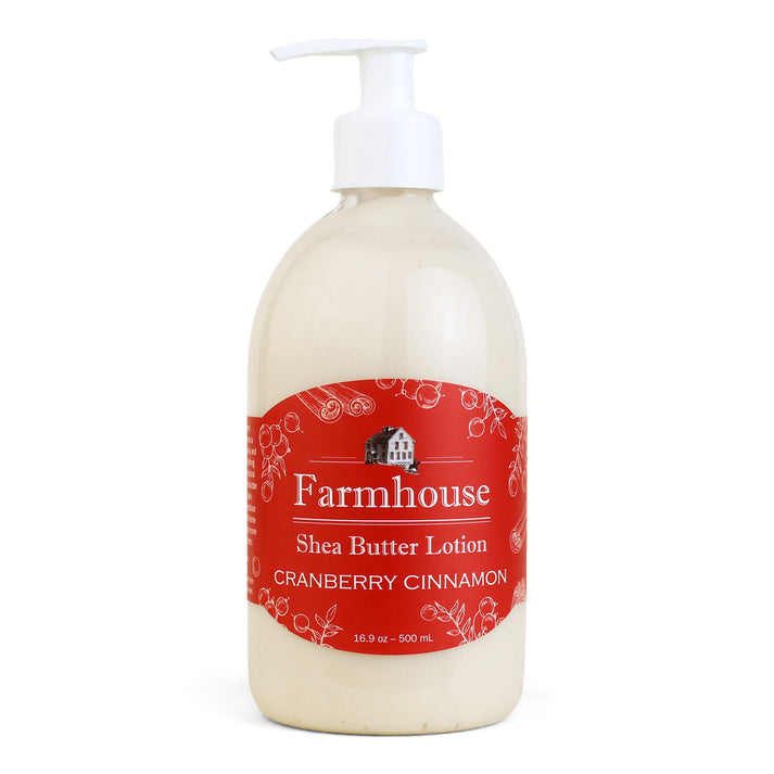 Farmhouse Hand Lotion Cranberry Cinnamon bottle with white pump and red label on Tampa Home & Garden Store