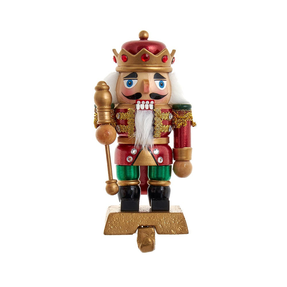 Red Nutcracker Stocking Hanger figurine by The Country Christmas Loft with gold crown red tunic on Tampa Home & Garden Store