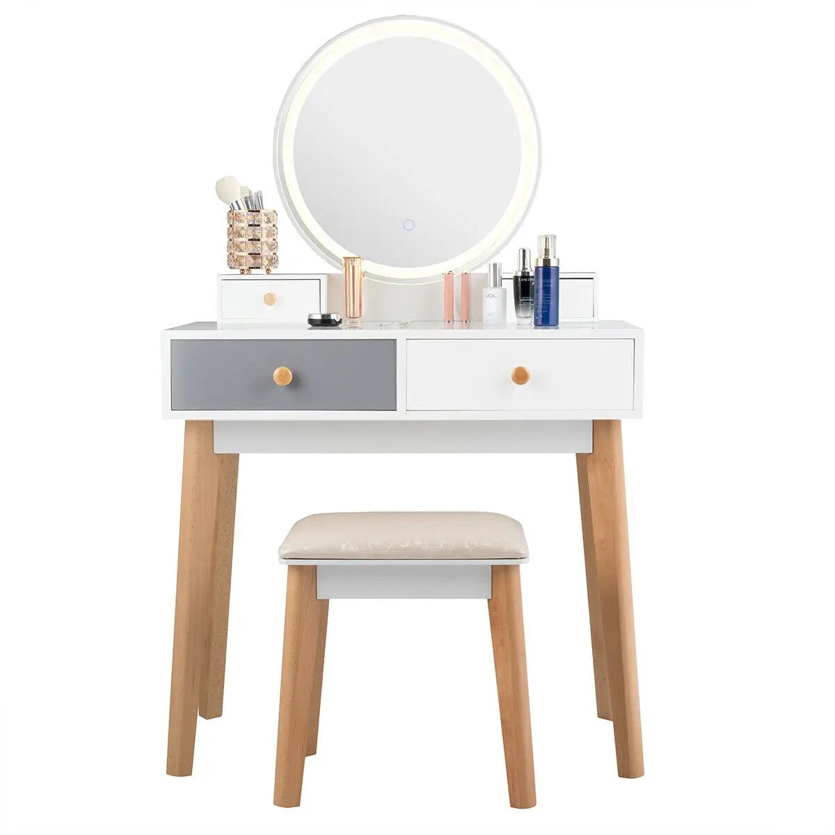Makeup vanity table with round lighted mirror, white top and two-tone drawers, wooden legs on Tampa Home & Garden Store