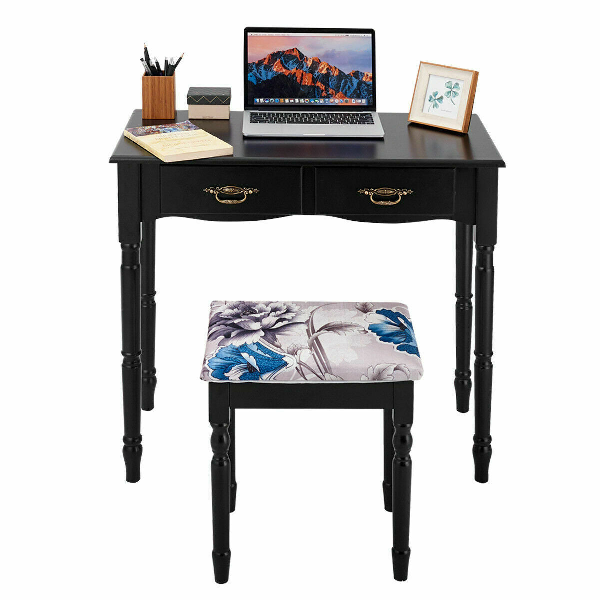 Vanity desk with two drawers in black finish and turned legs, floral stool included on Tampa Home & Garden Store