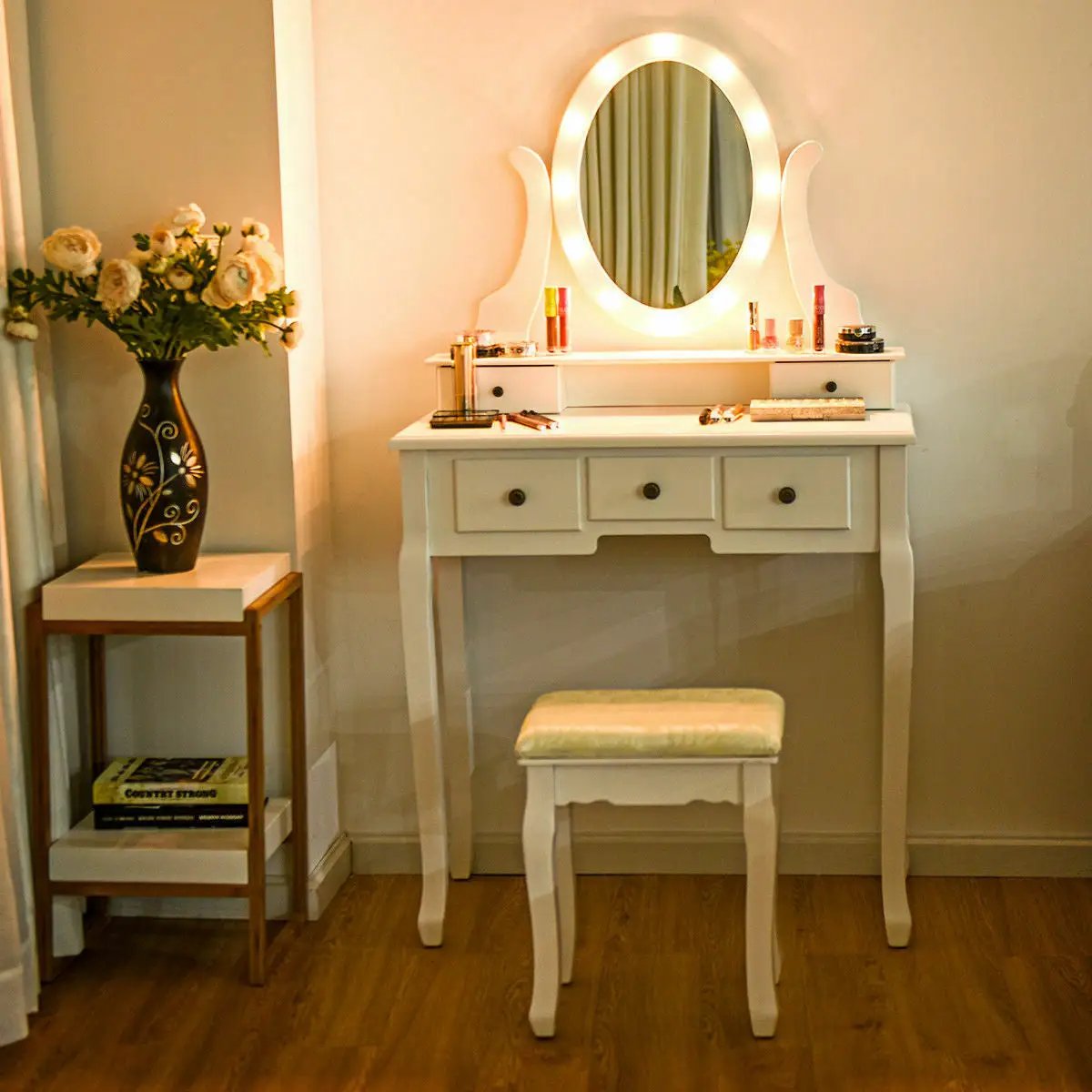 White vanity table with 12-LED oval mirror and 5-drawer storage DirectDeals vanity stool set on Tampa Home & Garden Store