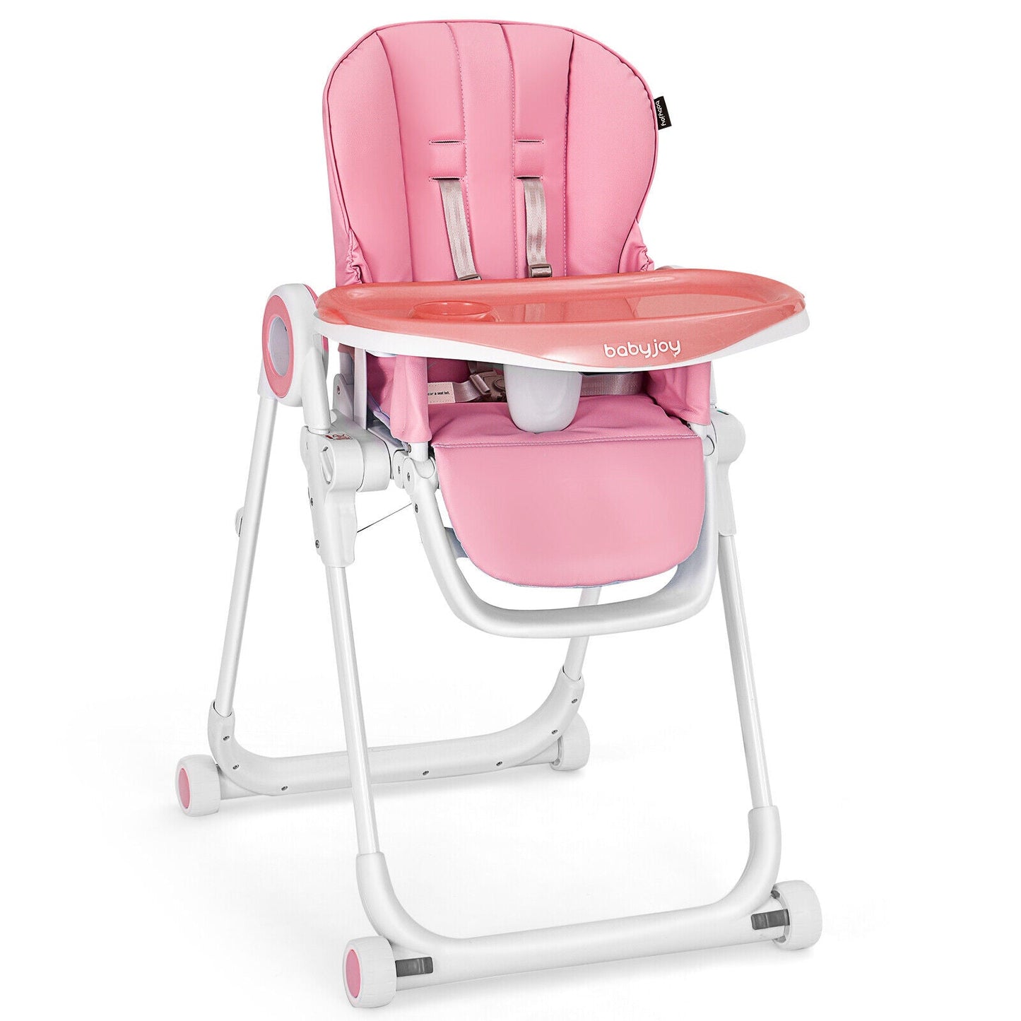Foldable pink baby high chair with white frame, pink tray, and babyjoy branding on Tampa Home & Garden Store