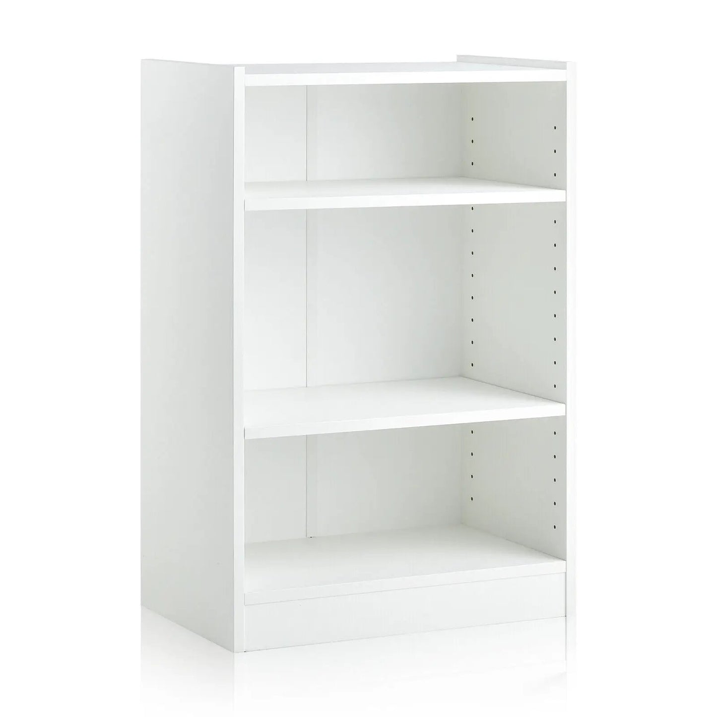 Three-tier white bookcase with adjustable shelves and peg holes on Tampa Home & Garden Store