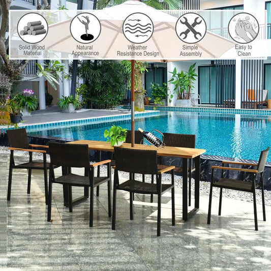7-piece outdoor dining set with acacia wood table and woven chairs by DirectDeals poolside on Tampa Home & Garden Store