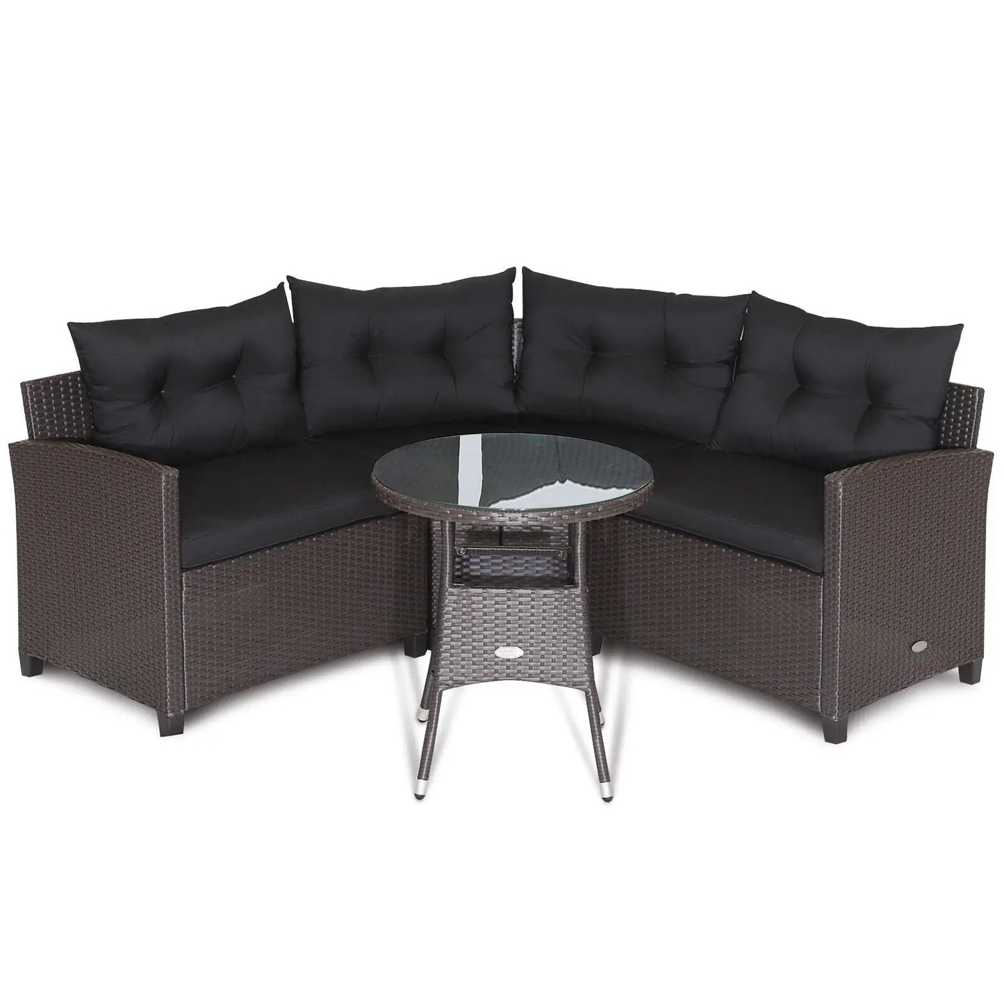 Four-piece DirectDeals brown rattan cushioned patio set with black cushions and glass round table on Tampa Home & Garden Store