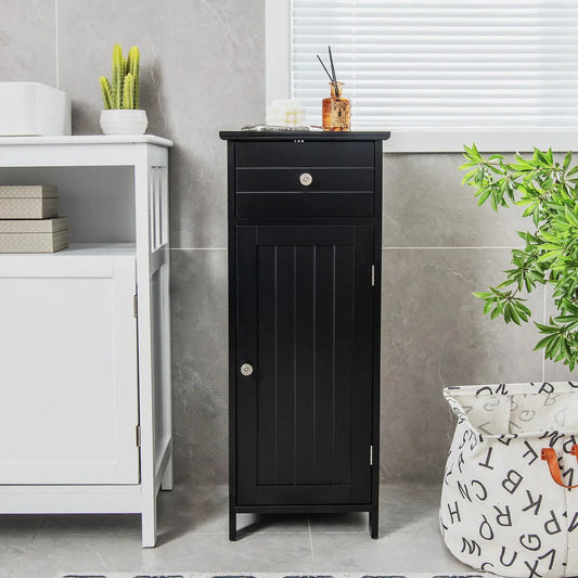 DirectDeals wooden bathroom floor storage cabinet with drawer and shelf, black finish on Tampa Home & Garden Store