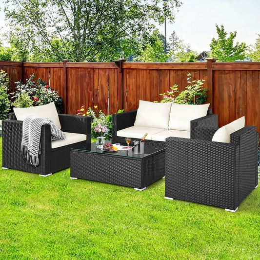 4 Pieces Patio Rattan Conversation Set with Padded Cushion and Tempered Glass Coffee Table-White - Tampa Home & Garden Store