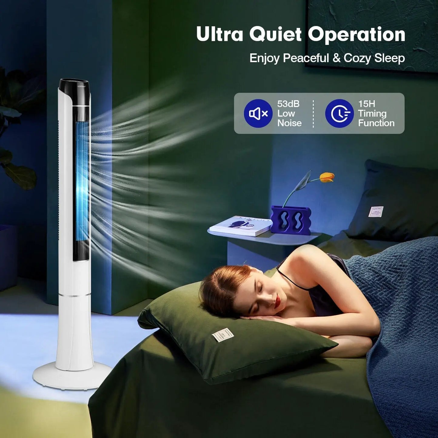Portable 48-inch DirectDeals tower fan with remote, white body, black front in a living room on Tampa Home & Garden Store