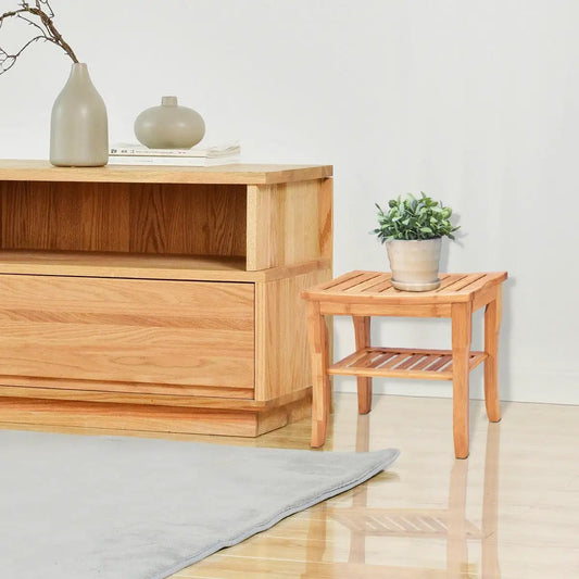 Bamboo Shower Chair Bench with Storage in natural finish beside a slatted bamboo stool on Tampa Home & Garden Store