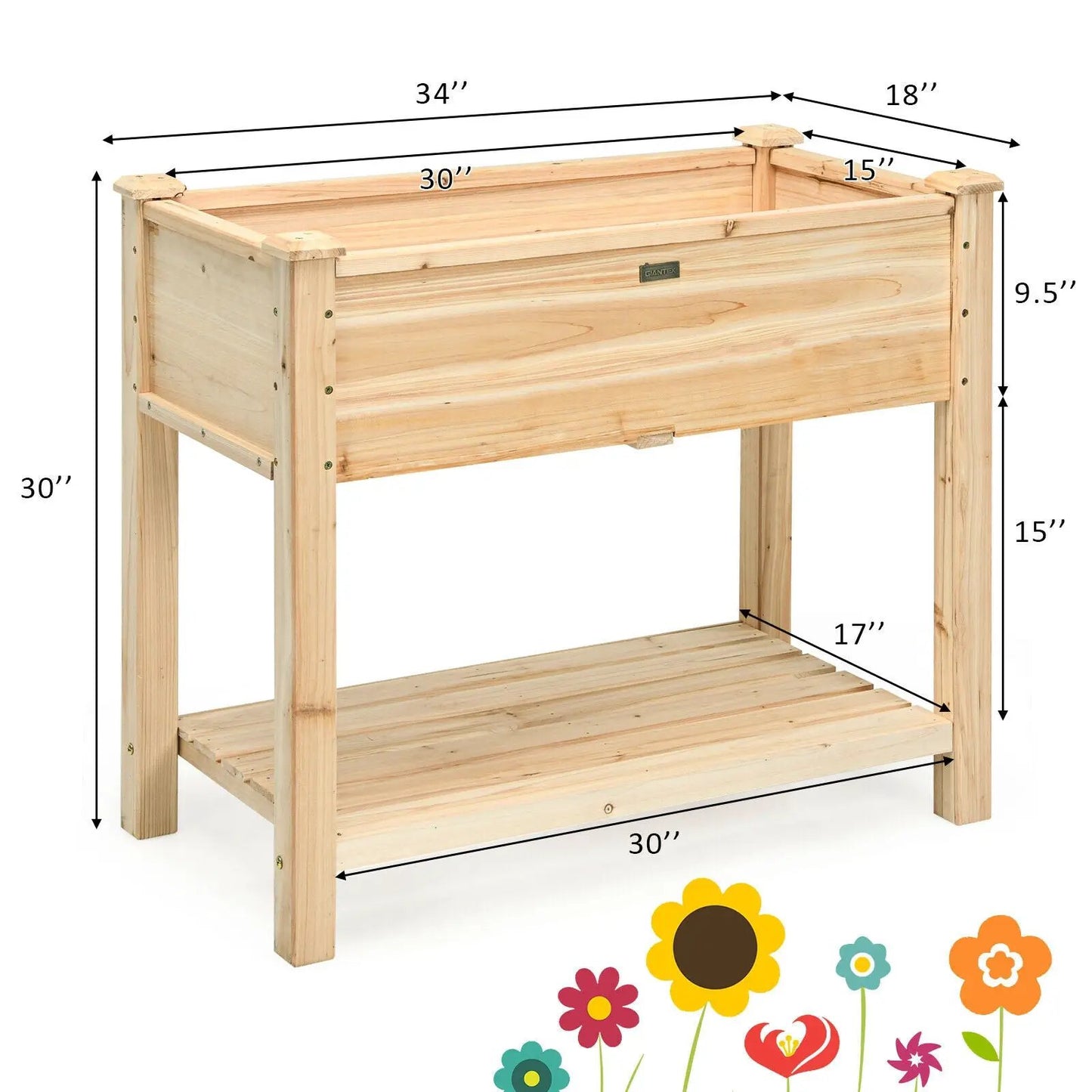 Raised Garden Planter Box Stand natural wood with four legs and lower shelf on Tampa Home & Garden Store on Tampa Home & Garden Store