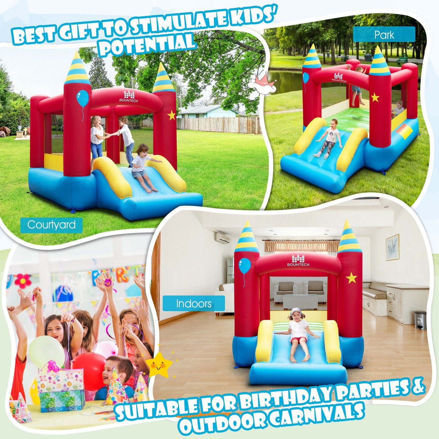 Kids inflatable bounce castle by DirectDeals, red towers with blue base and yellow slides on Tampa Home & Garden Store