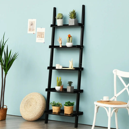 5-Tier Wall-Leaning Ladder Shelf for Plants in black with potted succulents on each shelf on Tampa Home & Garden Store