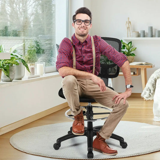 Adjustable Height Mesh Drafting Chair with black mesh and chrome foot ring DirectDeals on Tampa Home & Garden Store